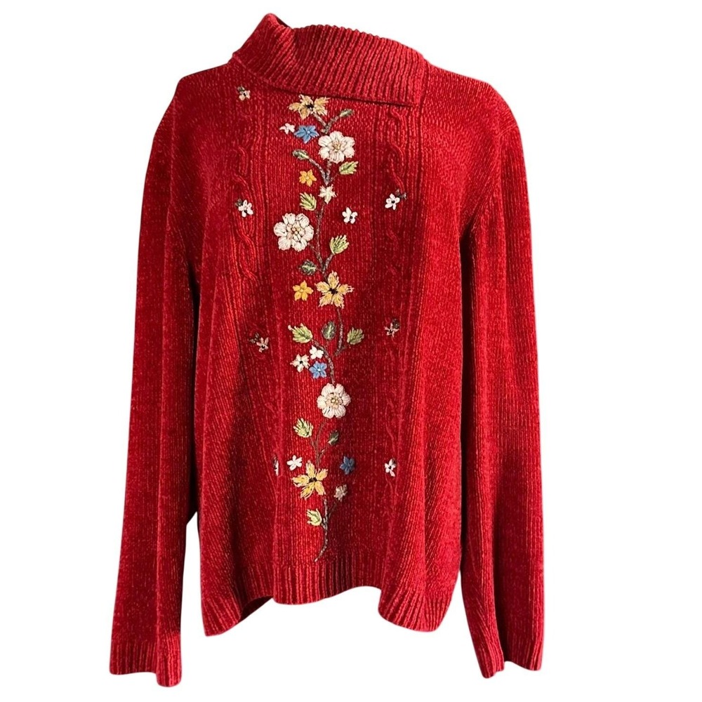 Alfred Dunner Vintage Red Chenille Floral Embroidered Mock Neck Sweater L‎